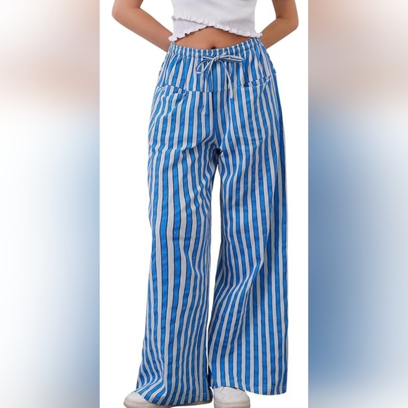 Striped casual drawstring wide leg loose fit pants, women Large - Picture 3 of 4